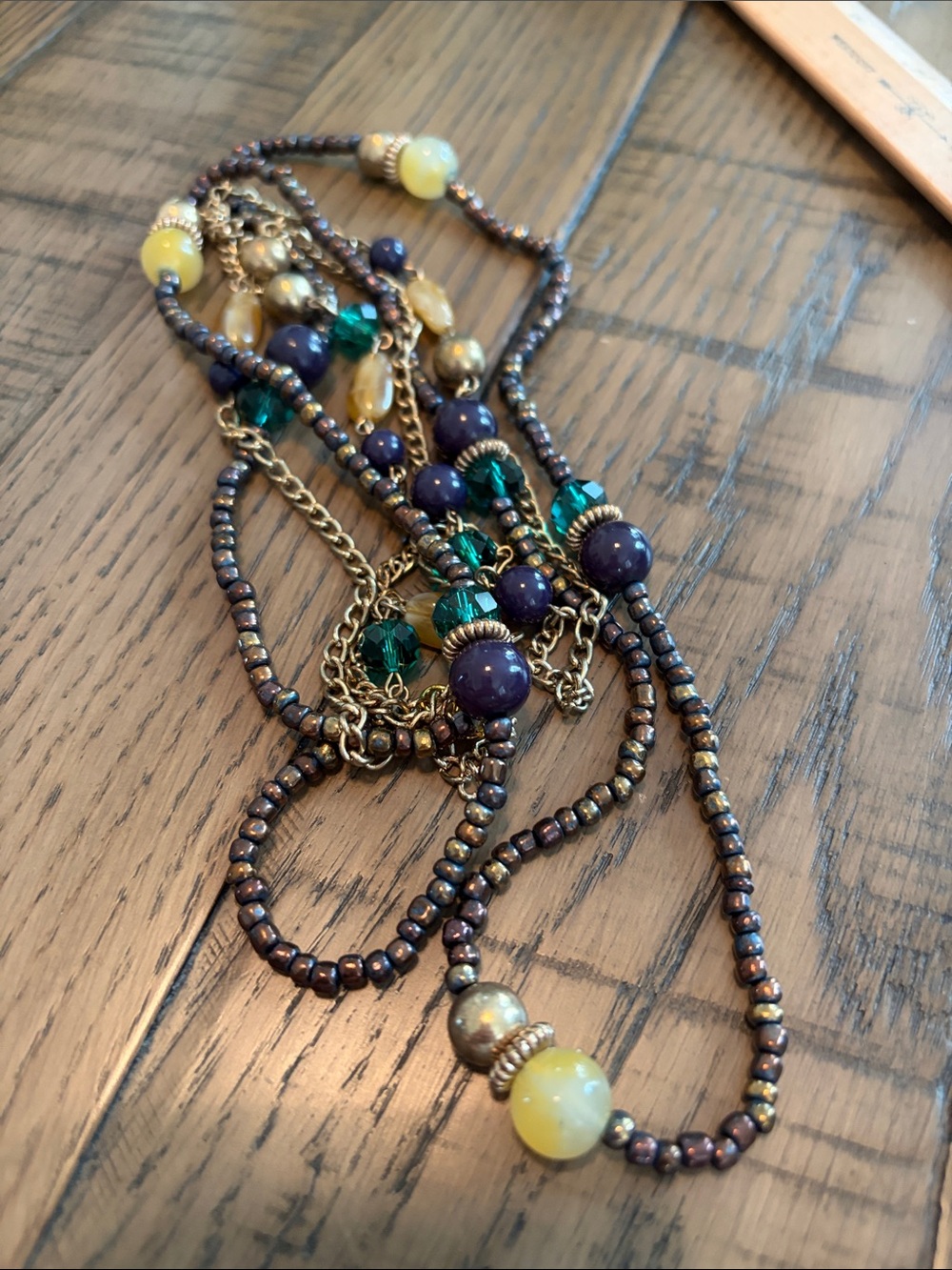 Layered Beaded Necklace with Yellow, Green & Navy Accents